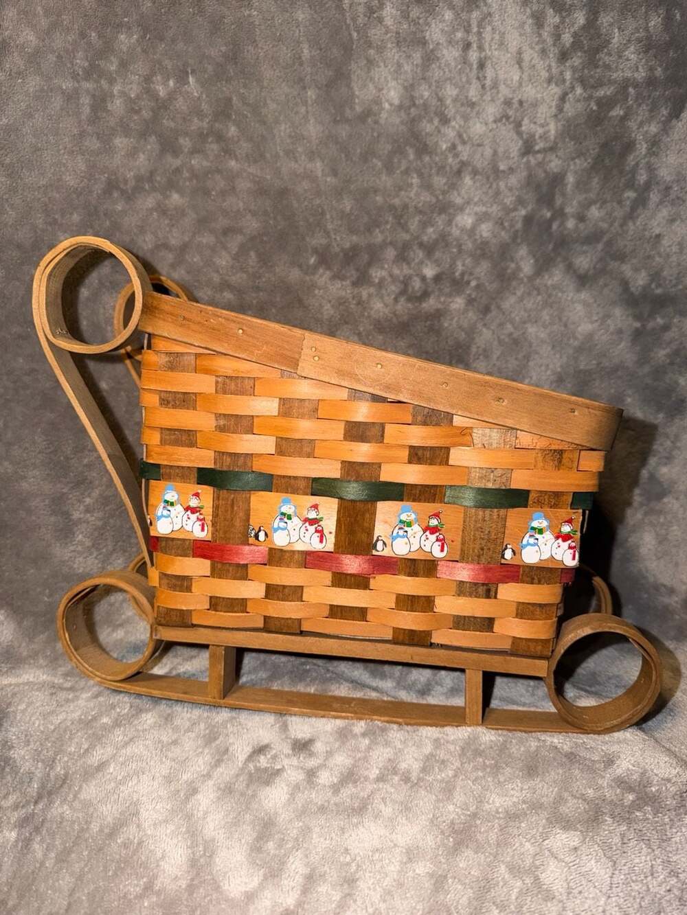 Longaberger Sleigh Basket Christmas Snowmen Wooden Handwoven Holiday Decor